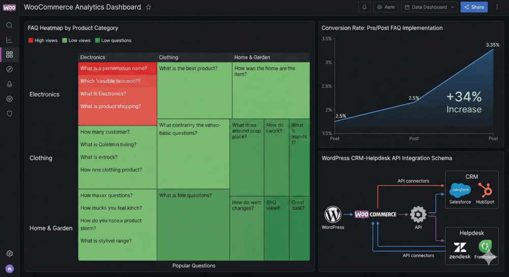 FAQ WordPress: Guida Completa Plugin e Schema 2025 5 Dashboard Analytics WooCommerce con heatmap delle FAQ più visualizzate per categoria prodotto