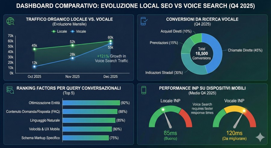 Checklist SEO 2026: Guida Completa per AI Overviews e GEO 6 Dashboard comparativo che mostra l'evoluzione delle metriche Local SEO vs Voice Search