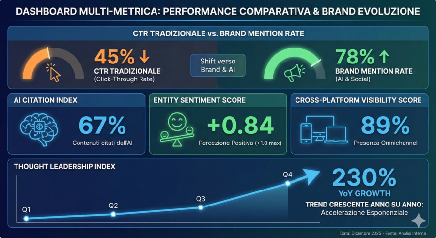 Checklist SEO 2026: Guida Completa per AI Overviews e GEO 7 Dashboard multi-metrica che mostra CTR tradizionale vs. Brand Mention Rate