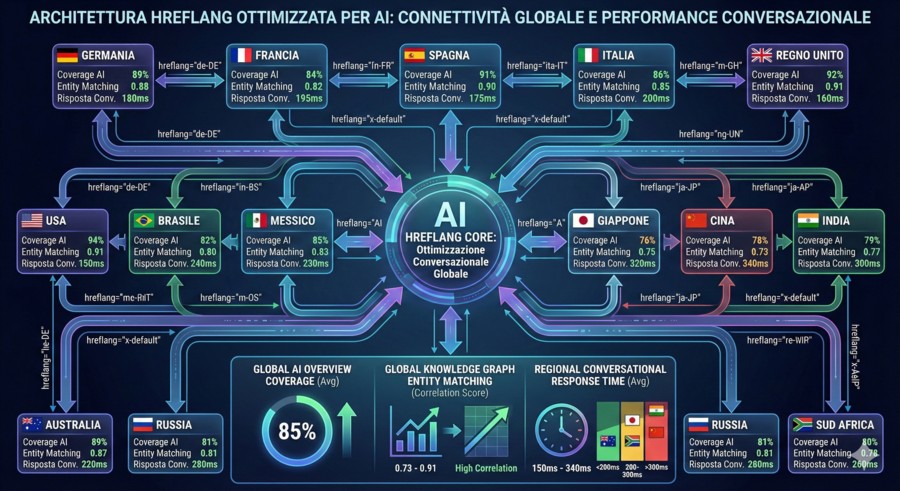 Checklist SEO 2026: Guida Completa per AI Overviews e GEO 8 Diagramma di flusso multi-livello mostrante l'architettura hreflang ottimizzata per AI