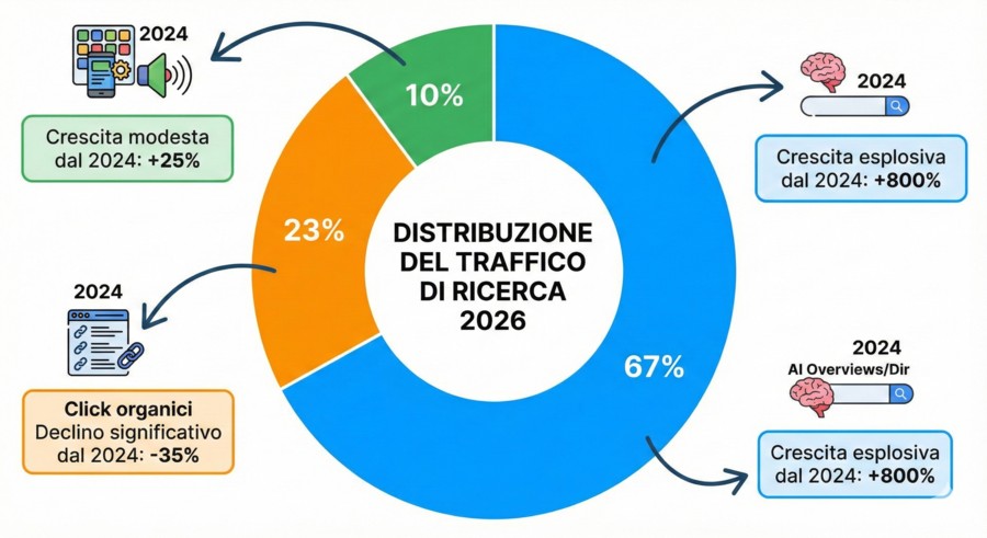 Checklist SEO 2026: Guida Completa per AI Overviews e GEO 1 Grafico a torta che mostra la distribuzione del traffico di ricerca 2026