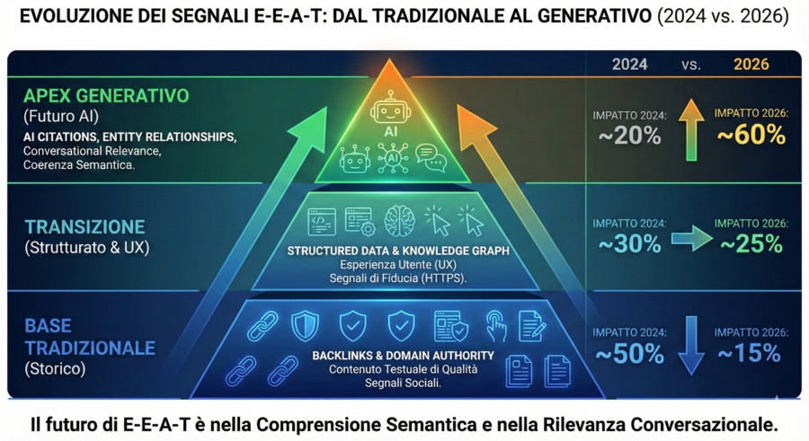Checklist SEO 2026: Guida Completa per AI Overviews e GEO 5 Infografica a piramide invertita mostrante l'evoluzione dei segnali E-E-A-T