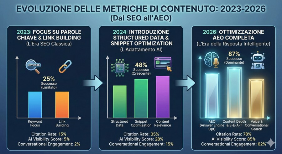 Checklist SEO 2026: Guida Completa per AI Overviews e GEO 3 Checklist SEO 2026: Guida Completa per AI Overviews e GEO Infografica comparativa che mostra levoluzione delle metriche di contenuto