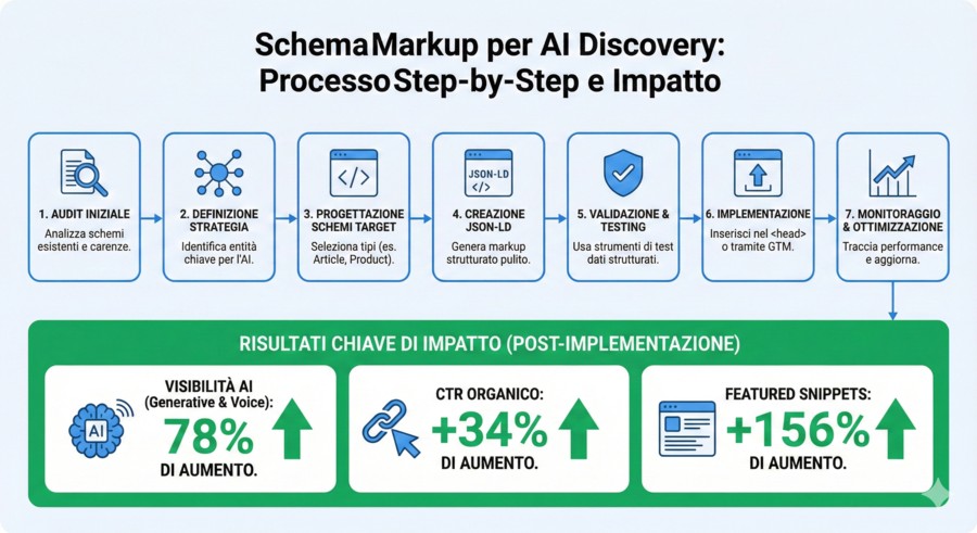 Checklist SEO 2026: Guida Completa per AI Overviews e GEO 4 Infografica processo step-by-step Schema markup per AI discovery