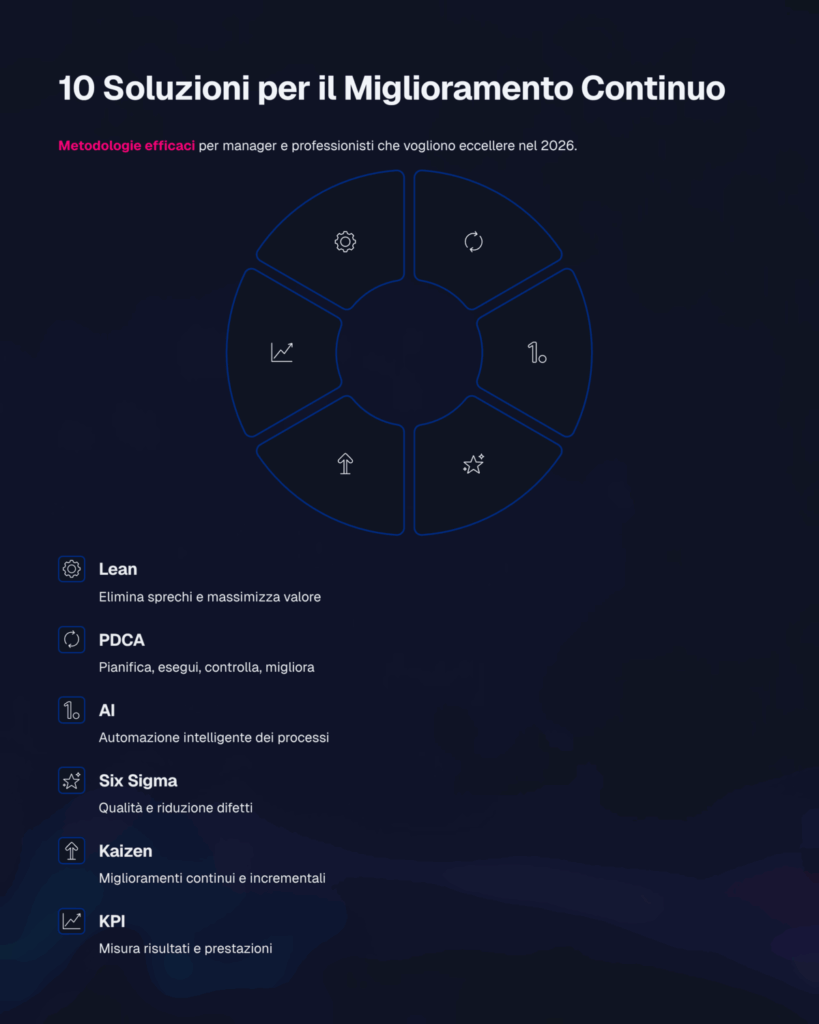 Migliorare prodotti e servizi: 10 soluzioni efficaci - infografica con metodologie Lean, PDCA, AI, Six Sigma, Kaizen 2026