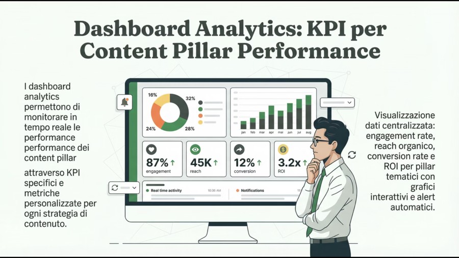 Dashboard analytics con KPI specifici per content pillar performance