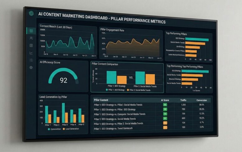 Dashboard di tool AI per content marketing con metriche di performance pillar