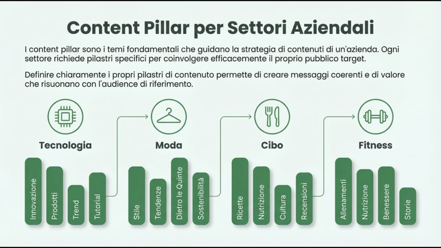 Infografica con esempi di content pillar per diversi settori aziendali]