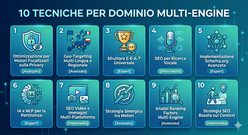 SEO su Qwant: Come Posizionarsi sul Motore di Ricerca Privacy-First che l'Europa Sta Adottando 8 📷 IMMAGINE: 10 Tecniche Avanzate Multi-Engine SEO Suggerimento: Griglia 2x5 con icone e titoli delle 10 tecniche. Ogni cella: icona (grafo, Europa, codice, privacy shield, etc.), nome metodo breve, tag difficoltà (Intermedio/Avanzato/Expert). Header: "10 Tecniche per Dominio Multi-Engine". Colori: gradiente blu-verde che richiama Europa/privacy.