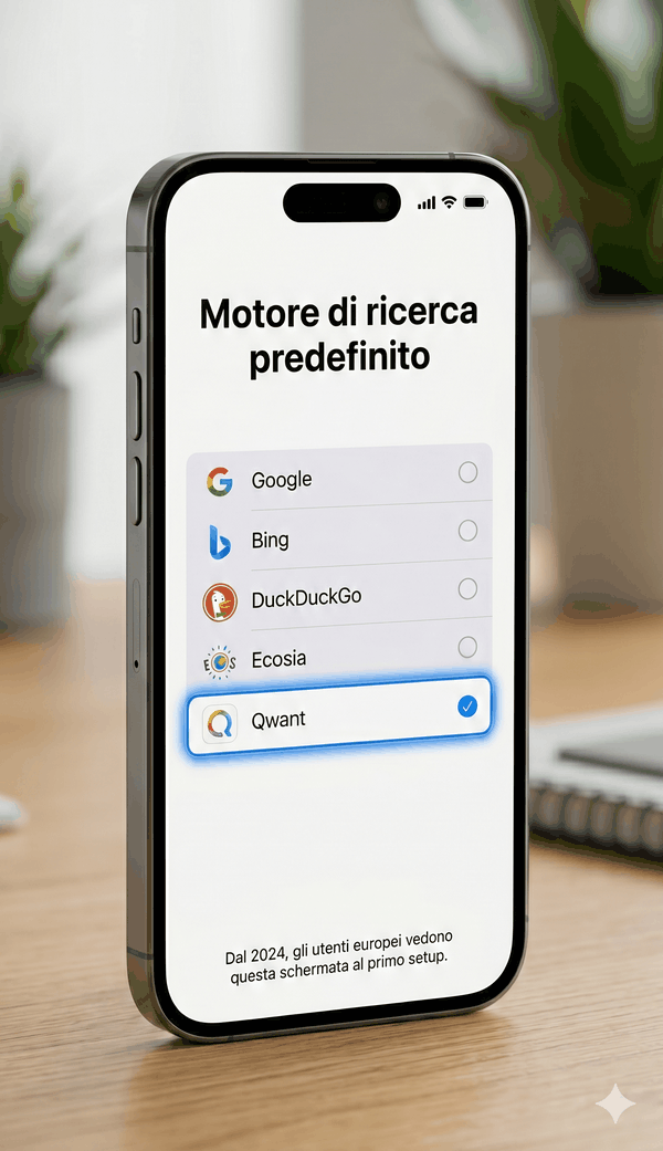 SEO su Qwant: Come Posizionarsi sul Motore di Ricerca Privacy-First che l'Europa Sta Adottando 3 Screenshot o mockup di un choice screen iOS che mostra le opzioni motori di ricerca disponibili: Google, Bing, DuckDuckGo, Ecosia, Qwant. Evidenziare Qwant nell'elenco. Annotazione: "Dal 2024, gli utenti europei vedono questa schermata al primo setup".