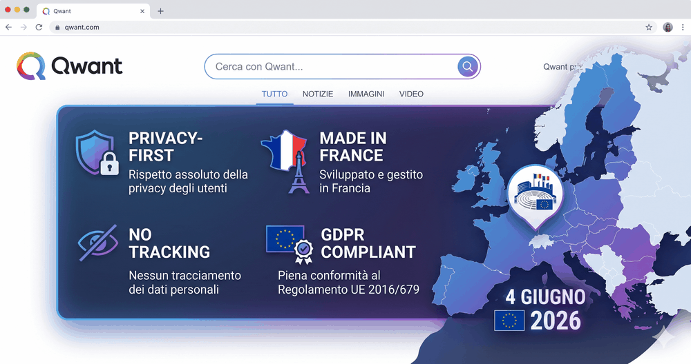 Screenshot dell'homepage di Qwant con overlay grafico che mostra le caratteristiche chiave: "Privacy-First", "Made in France", "No Tracking", "GDPR Compliant". A lato: mappa dell'Europa con icona del Parlamento Europeo e data "4 giugno 2026". Stile: professionale, colori blu/viola che richiamano il branding Qwant