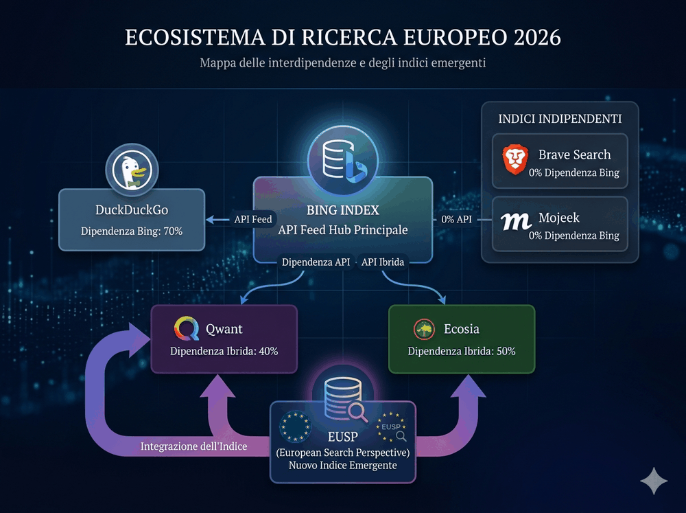 SEO su Qwant: Come Posizionarsi sul Motore di Ricerca Privacy-First che l'Europa Sta Adottando 9 INFOGRAFICA: Ecosistema Search Europeo 2026 Suggerimento: Mappa visuale dell'ecosistema. Al centro: "Bing Index" come hub. Frecce verso: Qwant, Ecosia, DuckDuckGo (tutti usano Bing in qualche modo). A lato: "EUSP" (European Search Perspective) con freccia verso Qwant ed Ecosia come nuovo indice emergente. In basso: "Indici indipendenti" → Mojeek, Brave Search. Annotazioni: % dipendenza da Bing per ogni motore.